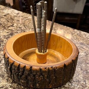 Rustic Vintage Wooden Nut Bowl with Silver Picks & Nut Cracker